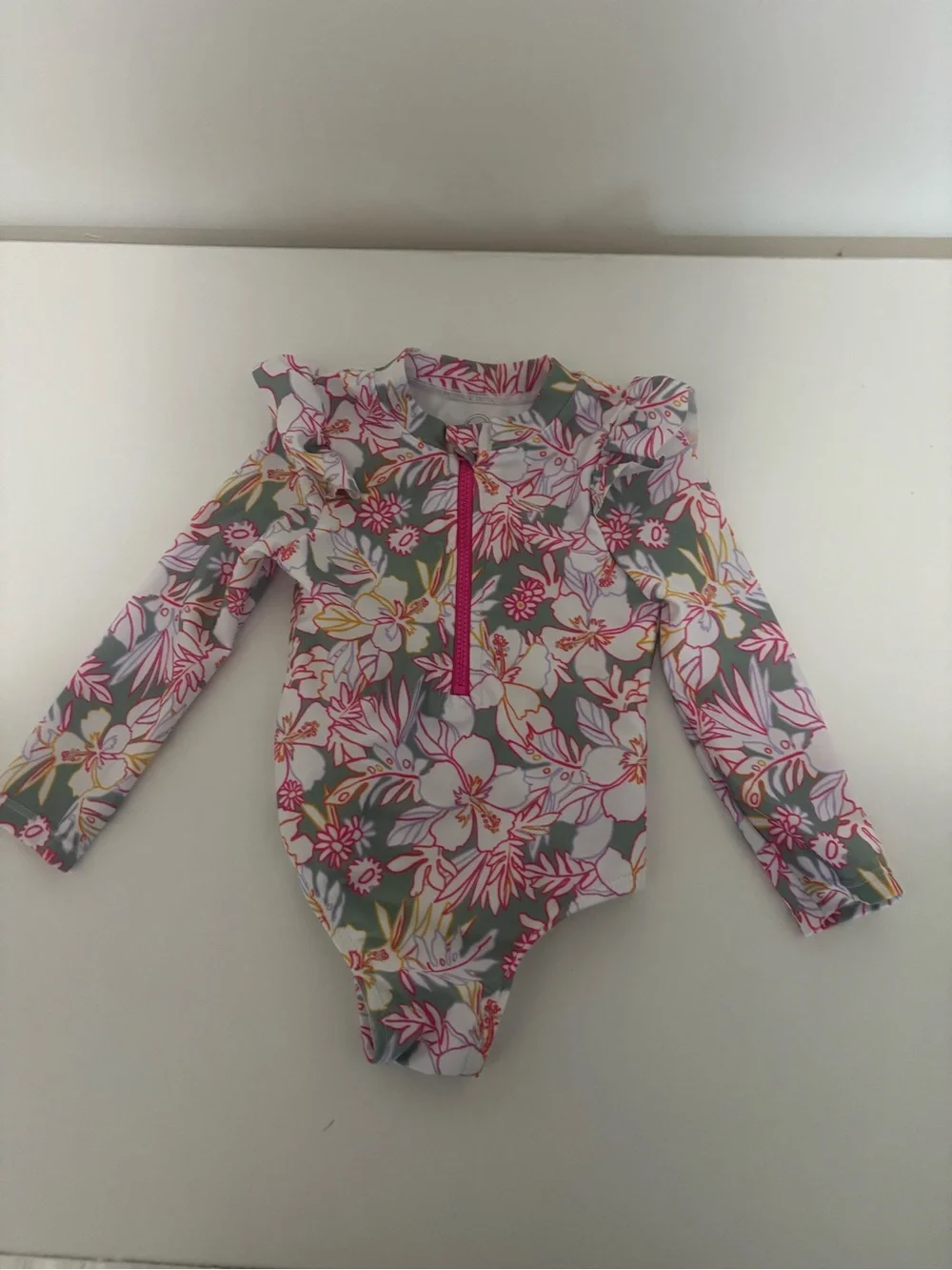 Wonder Nation Girls Floral Long Sleeve One-Piece Swimsuit Ruffle Zip Front 12M